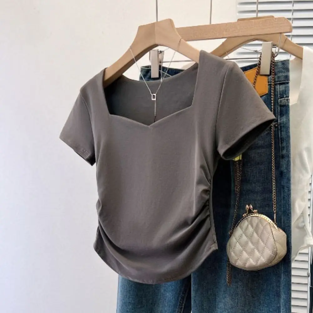 

Sweet Slim Fit Y2K Crop Tops Pleated Short Sleeves Korean T-shirt Summer Women Clothing Solid Short T-shirt Ladies