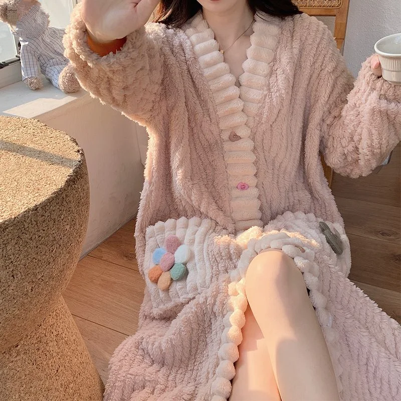 

Халат из кораллового флиса, женские пижамы, осенне-зимний длинный стиль, утепленная фланелевая подкладка на флисовой подкладке, халат, пижама, домашняя одежда