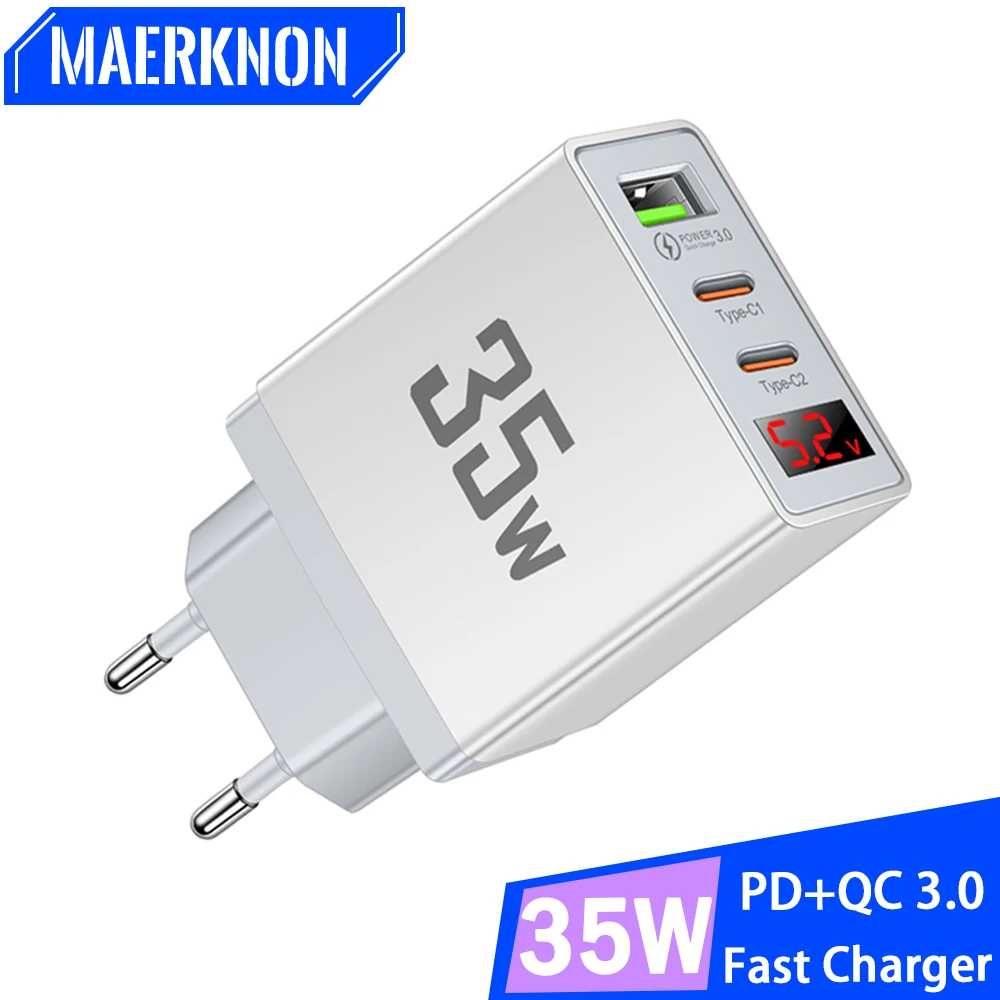 35W USB PD Charger 3 Ports USB Type C Fast Charging Wall Charger For iPhone Samsung Xiaomi Digital Display Mobile Phone Adapter