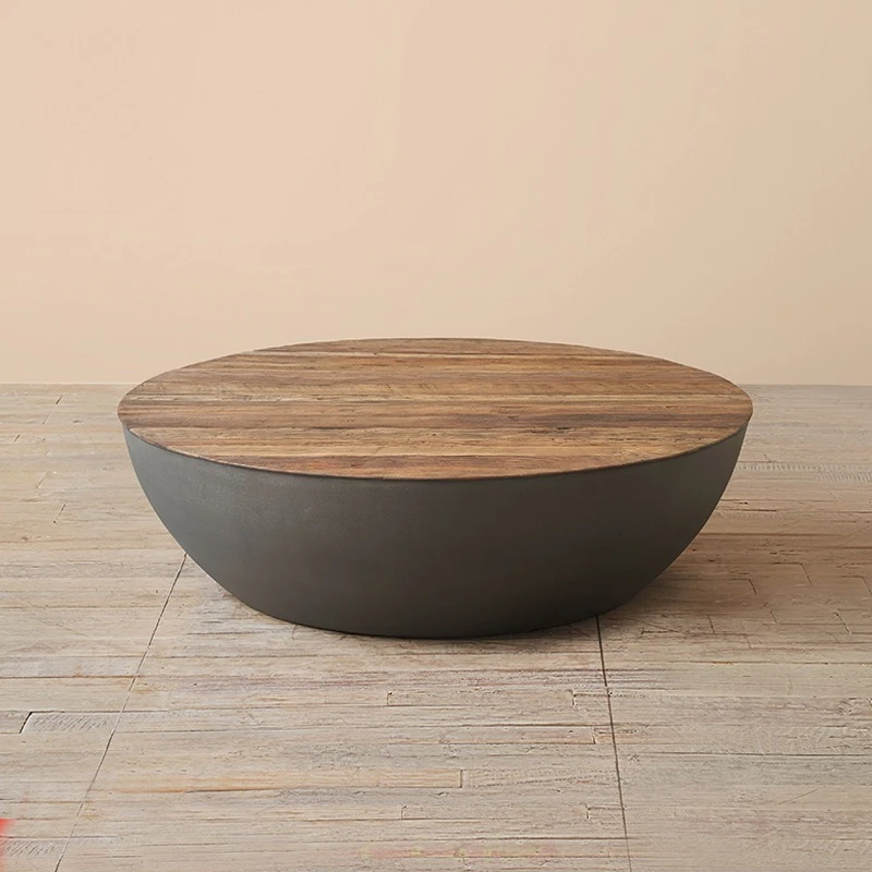 Round cement old wood large bowl coffee table, Nordic retro cement paint old elm old coffee table