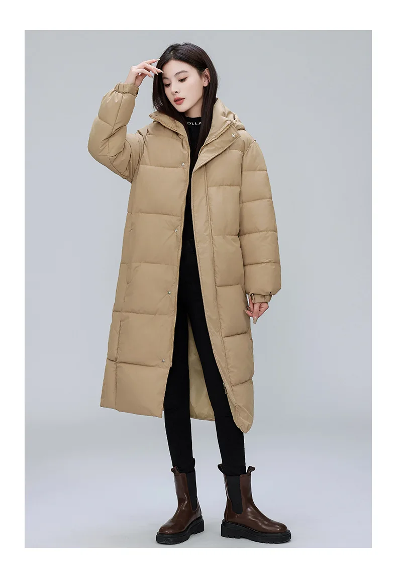 Winter Long Puffer Coat for Women Hooded Quilted Windproof Warm Zip Up Outerwear Russian Cold Weather Snow Jacket Over Knee Cozy