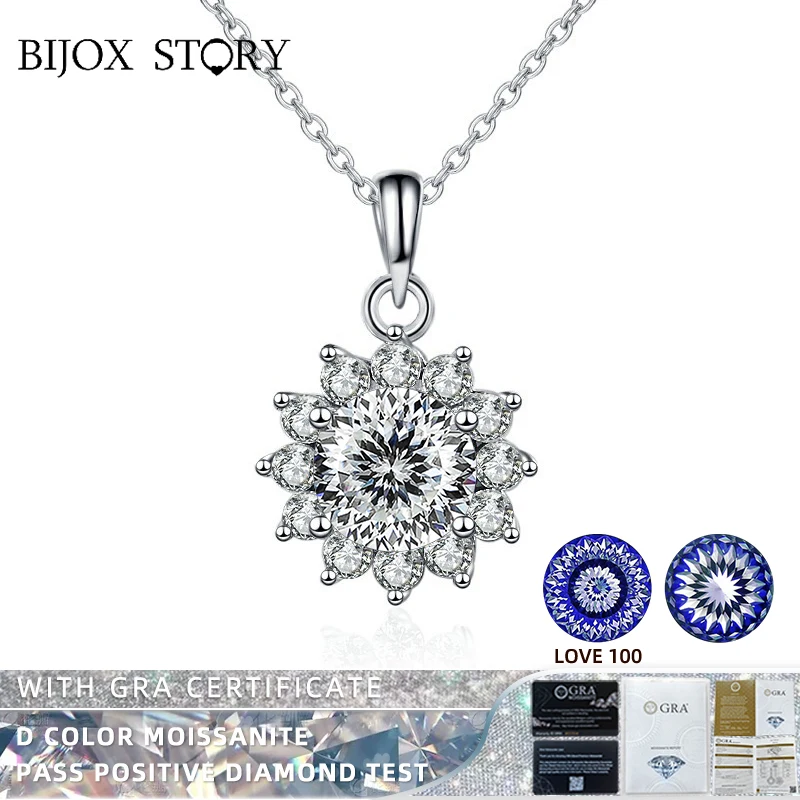 

BIJOX STORY Customized Love100 Plum Blossom Sakura Multi Cuts Moissanite Pendant Necklace for Women 925 Sterling Silver Necklace