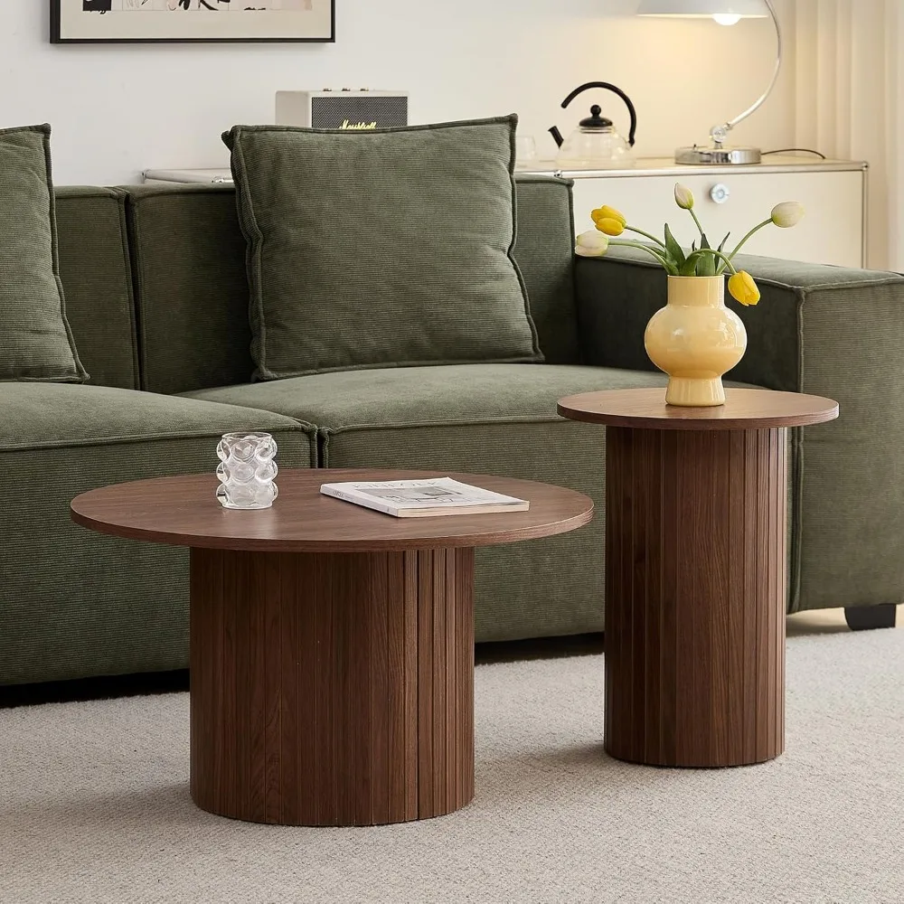 Small Round Coffee Table Set of 2, Wood Finish Nesting Coffee Tables, Boho Circle Side Table for Living Room (φ27.6 Large Short