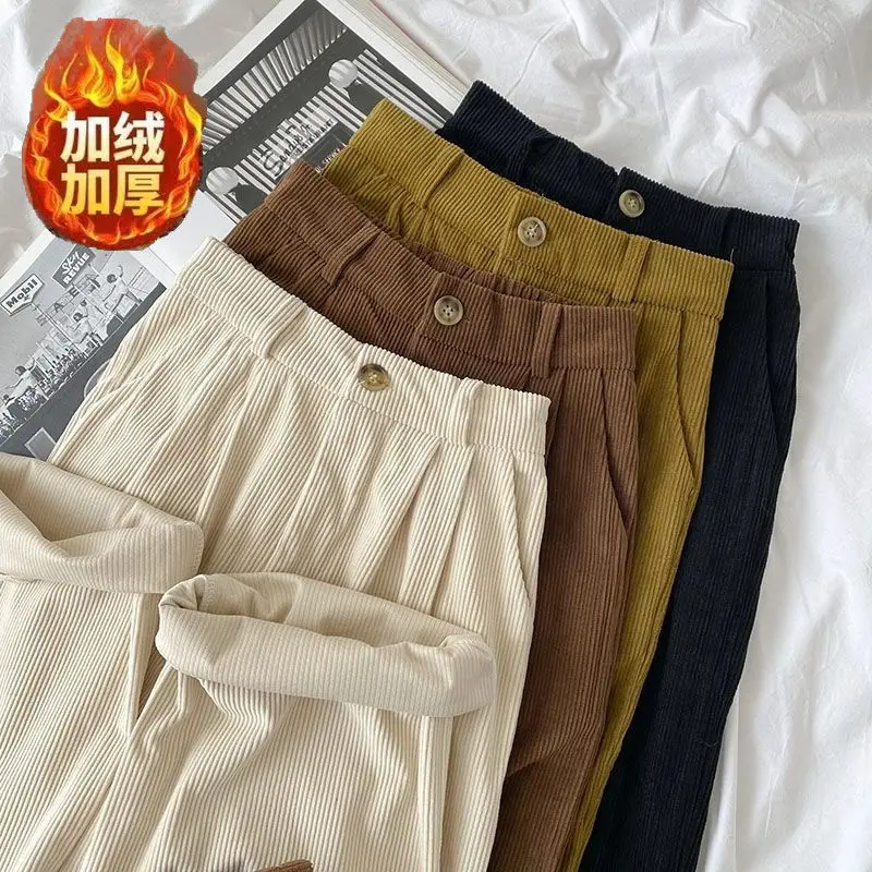 

Autumn Winter Vintage Corduroy Pants Women High Waist Coffee Wide Leg Pants Korean Loose Pockets Straight Trousers