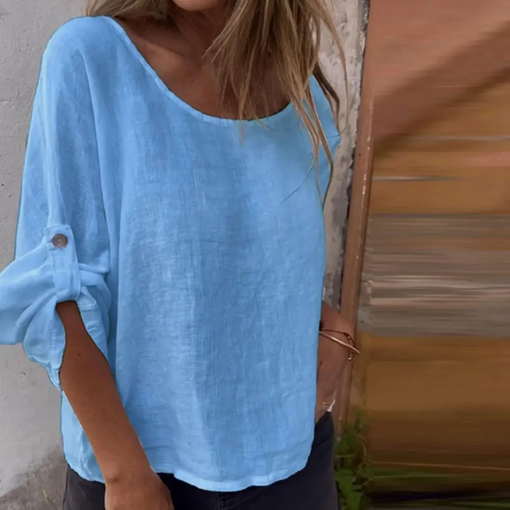 Top versátil para mujer, camisa informal ligera, jersey de manga larga con cuello redondo, blusa holgada de Color sólido, transpirable