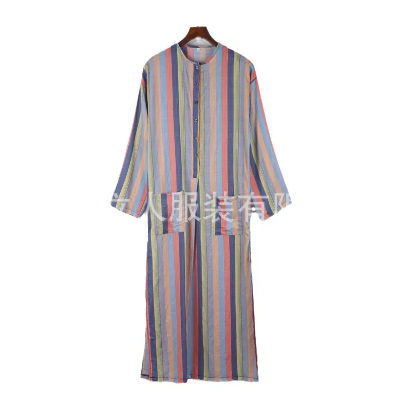 Muslim Clothes 2025 Southeast Asian New Fashion Men's Casual Trendy Long Sleeve O-neck Straight Striped Loose Jubba Thobe Male