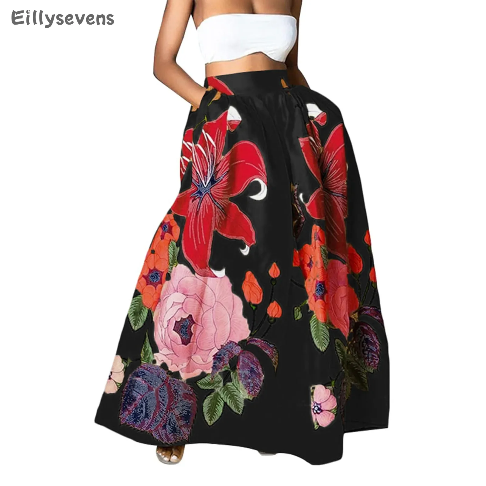 Women's long skirt Fashion Floral Print traf Loose Half Skirts High Waist Beach saia Extra big hem skirt With pockets faldas