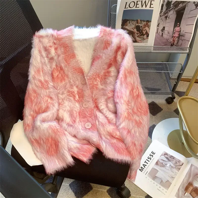 Korean Lazy Plush Knitted Cardigan Sweater Female Top 2023 Spring and Autumn Season Long Sleeve V Neck Soft Knit Sweater Female