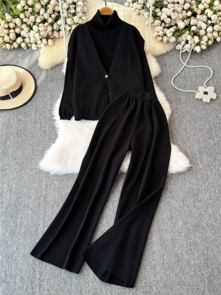 Women Knitted 3-pieces Set Solid Turtleneck Sweater + Cardigan Vest Shawl + High Waist Wide Leg Pants Y2k Fashion Autumn Winter