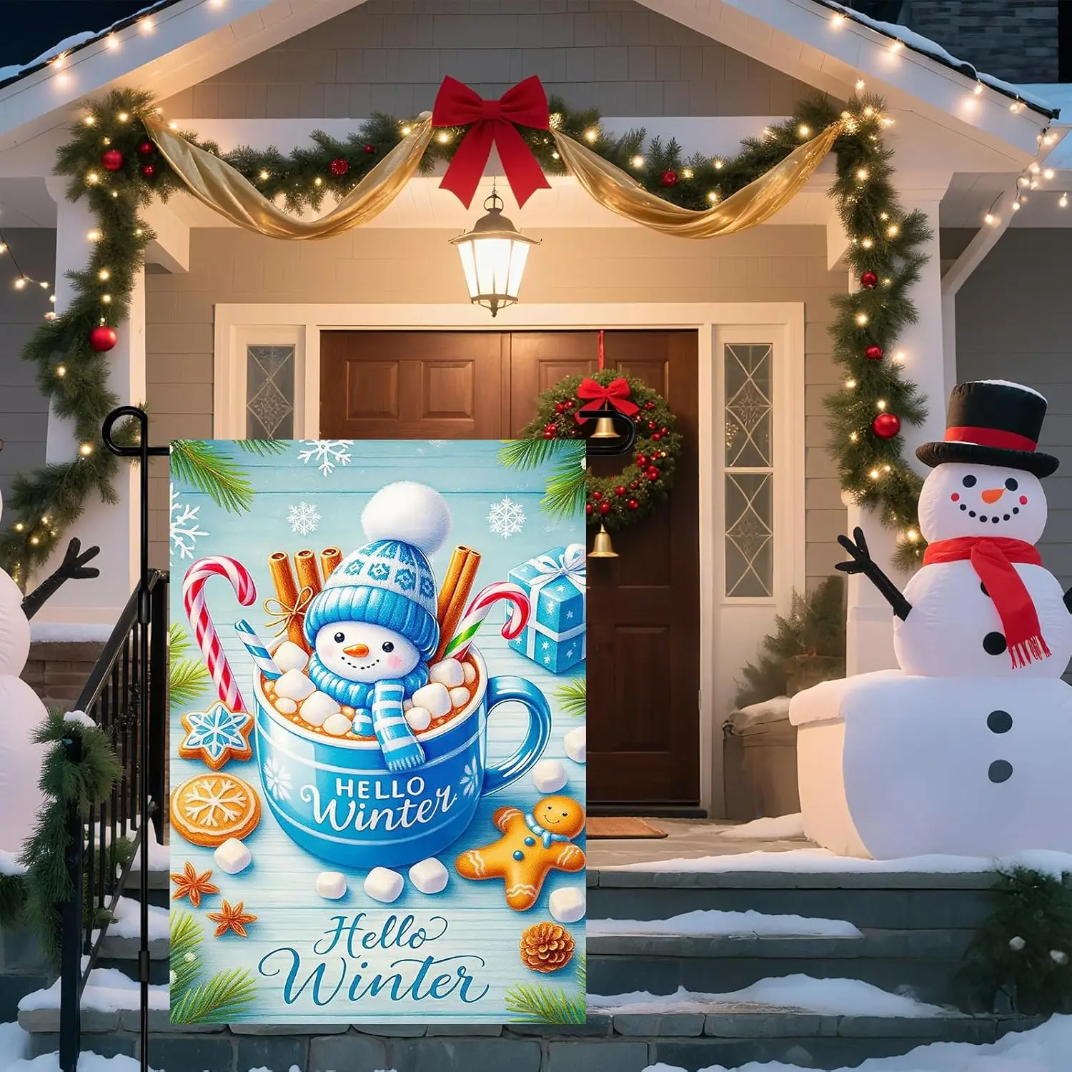IVN Winter Garden Flag 12x18 Inch Double Sided Snowman Cocoa Candy Outdoor Yard Flag for Outside Front Door Lawn Porch Patio EEZ