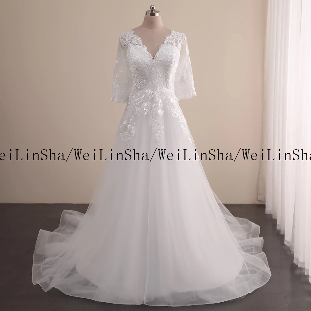 Personalizado WeiLinSha Cap manga una línea de tul elegante blanco vestidos de novia reales para matrimonio medio botón espalda vestidos de novia chaleco