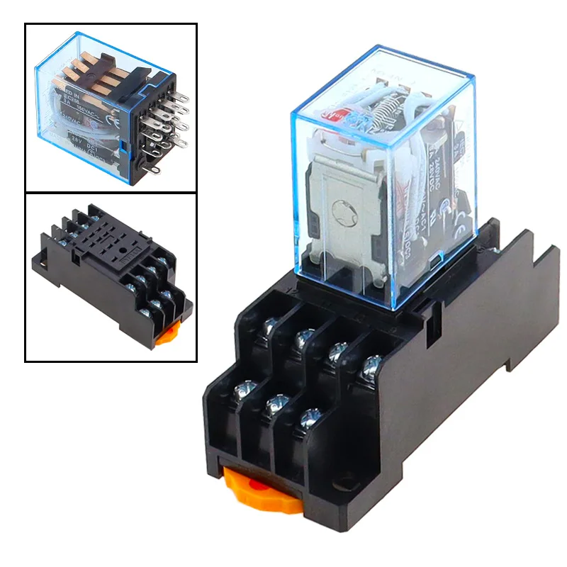 1 zestaw MY4NJ mały elektromagnetyczny przekaźnik mocy AC/DC 12V 24V 36V 48V 110V 220V 380V 4NO 4NC szyna DIN 14 pinów + baza Mini przekaźnik
