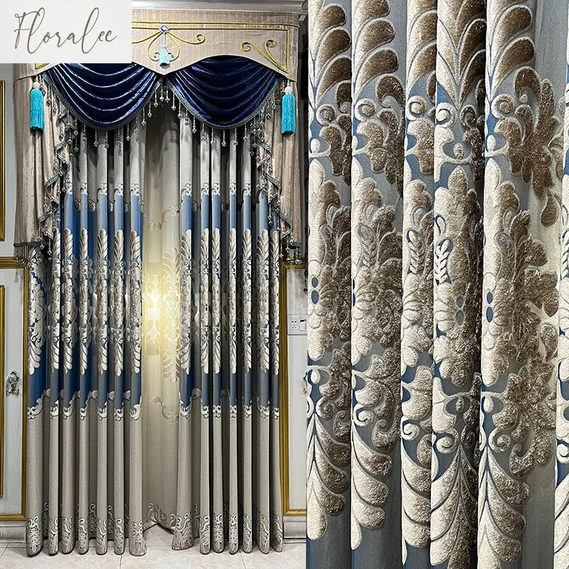 

European-style Luxury Hollow Embroidered Velvet Window Curtains for Living Dining Room Bedroom Villa High-end Customized Decor