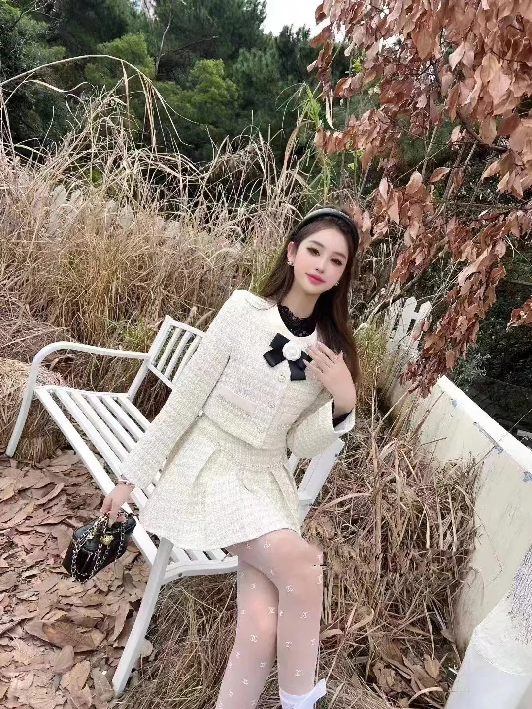 Crewneck Academy Style Women's Suit Jacket Autumn and Winter Pleated Elegant Coat Top Pleated Skirt Office Lady Two-piece Set