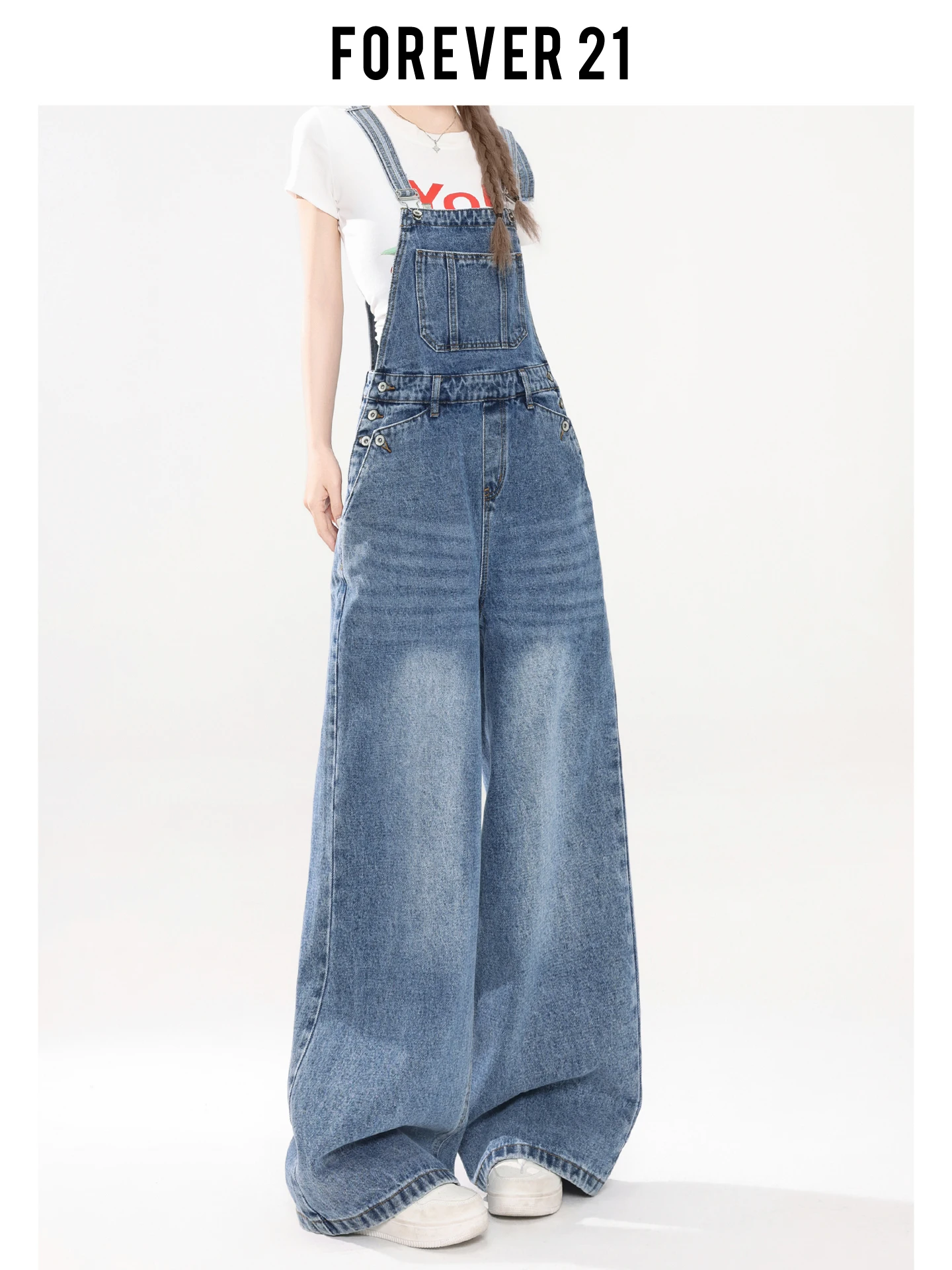 Overol de Mezclilla de Cintura Alta y Pierna Ancha Forever 21 para Mujer, Estilo Veraniego, Holgado, Corte Recto, de Una Piez...