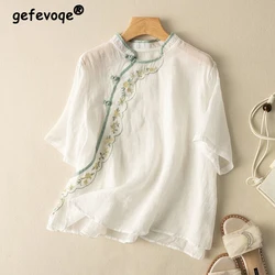 2024 Summer Women Vintage Embroidery Chinese Ethnic Style Cotton Linen T-shirt Female Solid Stand Collar Loose Short Sleeve Tops