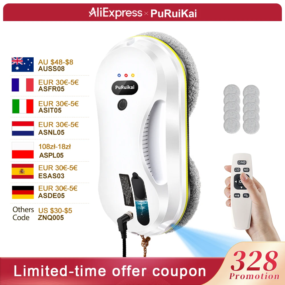 PuRuiKai Robot de nettoyage de vitres nettoyage automatique avec planification intelligente des chemins, puissance d'aspiration 5600 Pa, technologie de détection des bords