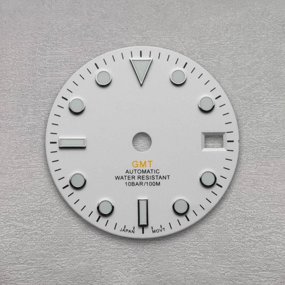 28.5mm S Logo GMT Dial Fit NH34 Movement Green Luminous White Matte Dial Watch Modification Accessories