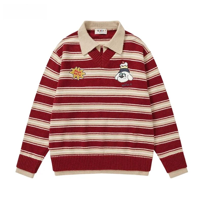 

Свитер в контрастную полоску, мужской свитер с мультяшной вышивкой, ретро, повседневный, осенне-зимний, вязаный пуловер с длинными рукавами и лацканами