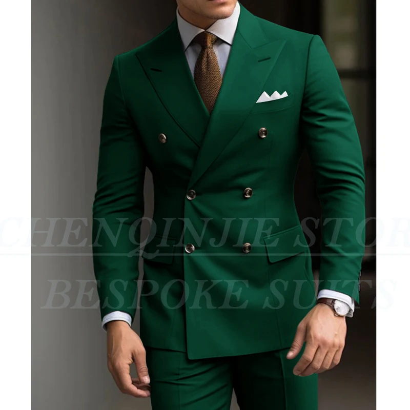 Formal Men's Suits Green Slim Fit High Quality Regular Length 2 Piece Jacket Pants Luxury Blazer Full Set Chic Costume Homme