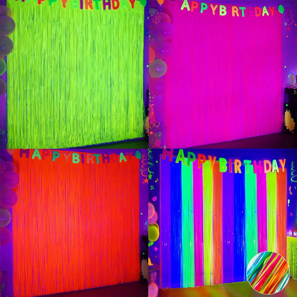 80er 90er Jahre Neon Thema Party Dekor Macaron Lametta Folie Fransen Vorhang Fluoreszierender Hintergrund Hängedekoration Geburtstag Party Dekor – Detail 1