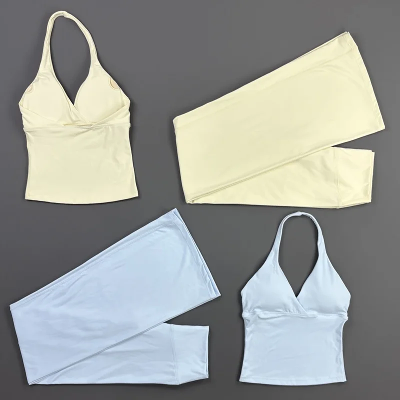 NCOYOE 2 Pieces Yoga Set Women Origin Halter Top Cycling Fitness Flares Pants Suit High Elastic Gym Running Workout Outfit