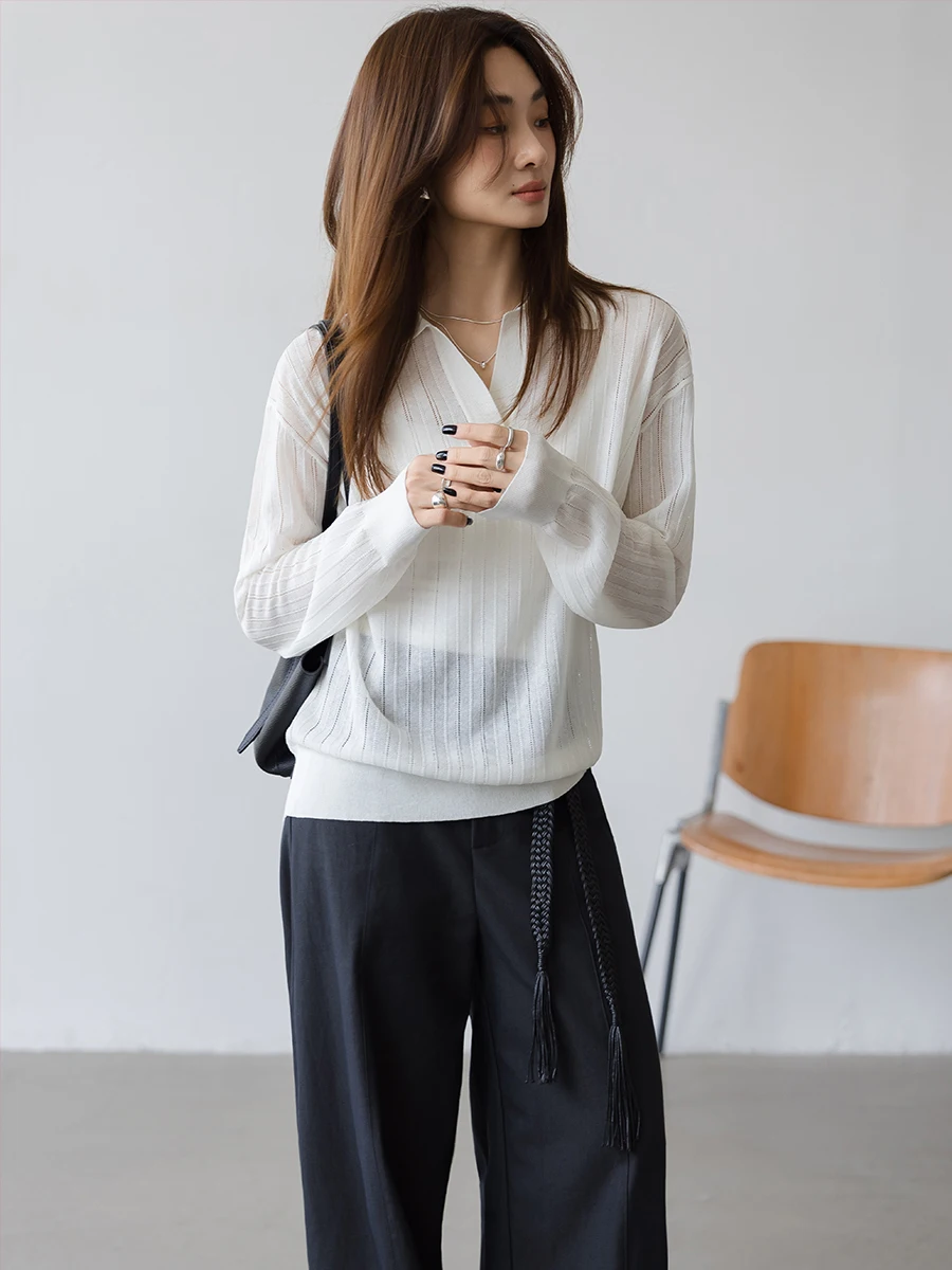 

Белый ажурный вязаный топ с тонким льняным воротником для женщин, модный повседневный свободный крой, длинный рукав, трикотаж для ранней осени