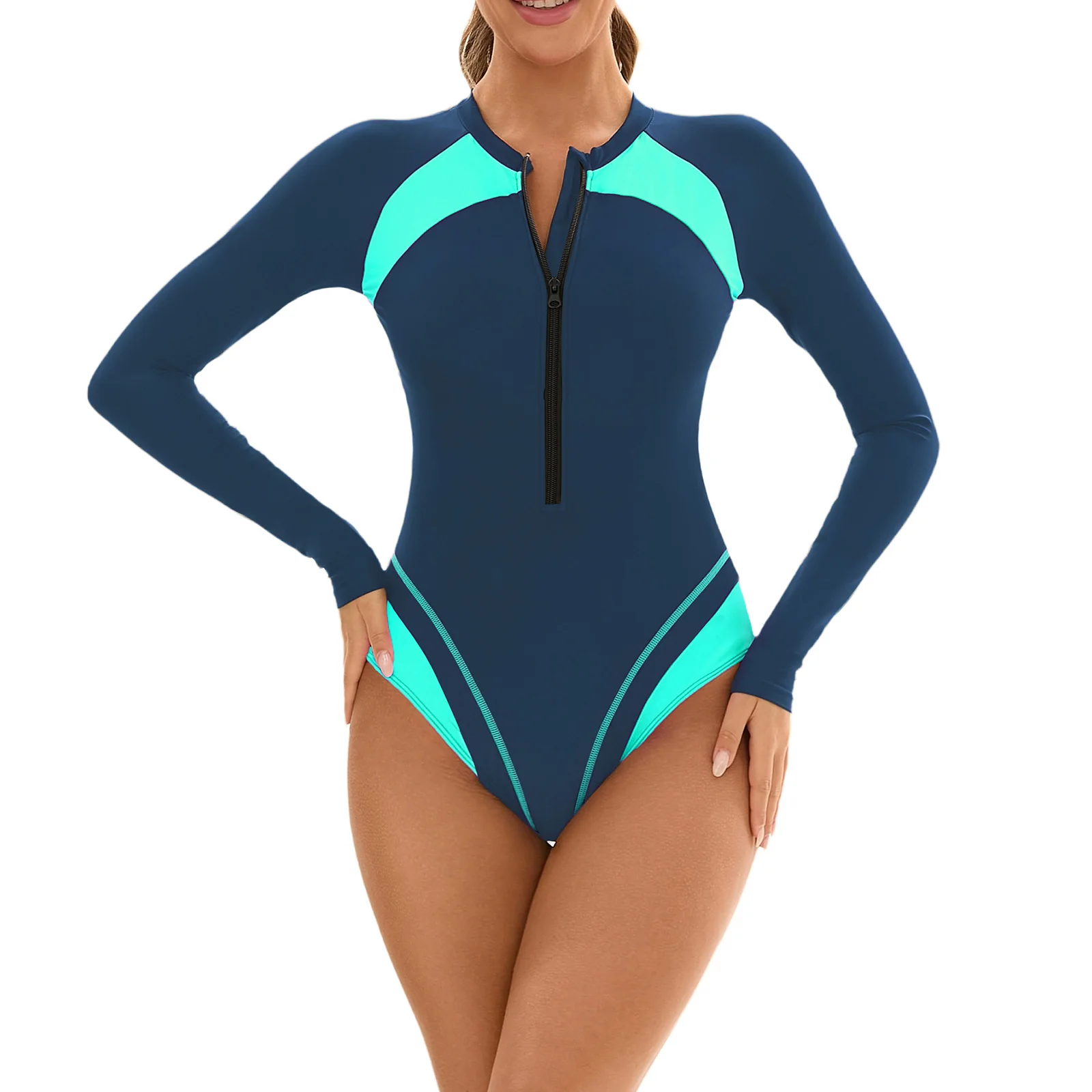 Womens One-Piece Swimsuit Bathing Suit Long Sleeve Front Zipper Color Block Leotard Surfing Swimwear with Removable Chest Pads