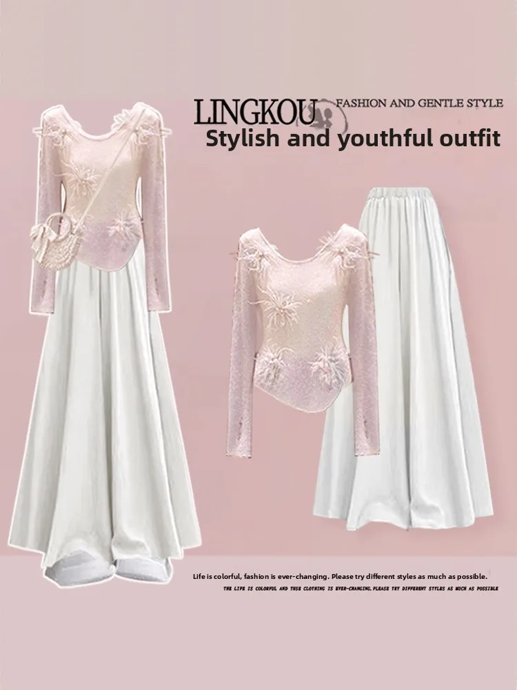 

plus Size Autumn Set Women's Gentle Anti-Aging Slimming Top High Waist Slimming Wide Leg Skirt Pants Two Piece Set