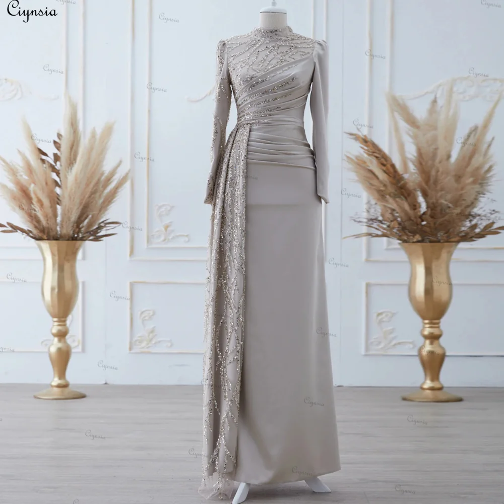 Ciynsia Turkish Dubai Abiye Formal Dress Beading Satin A-Line Long Sleeve Evening Gowns for Women Elegant Party Luxury 2024