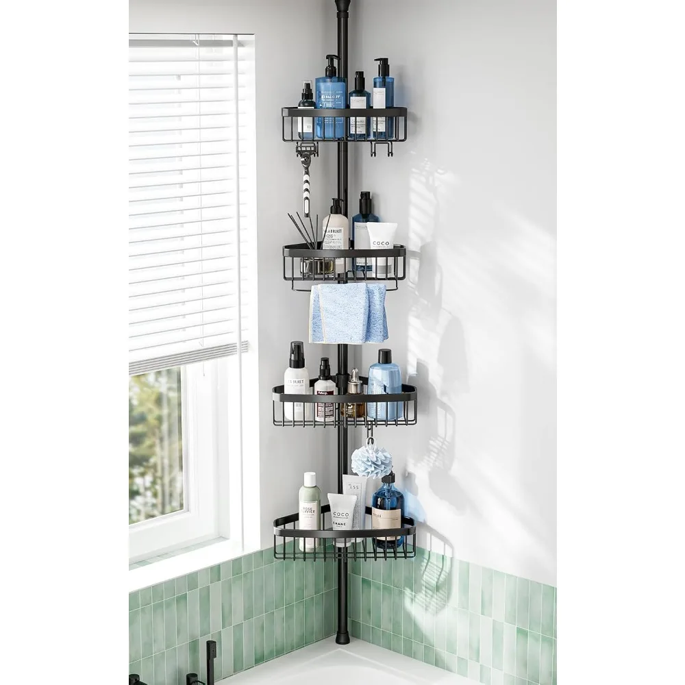 

Corner Shower Caddy Tension Pole: Adjustable Rustproof 4-Tier Inside Bathroom Organizer - 47-121 inch Quick Installation Bathtub