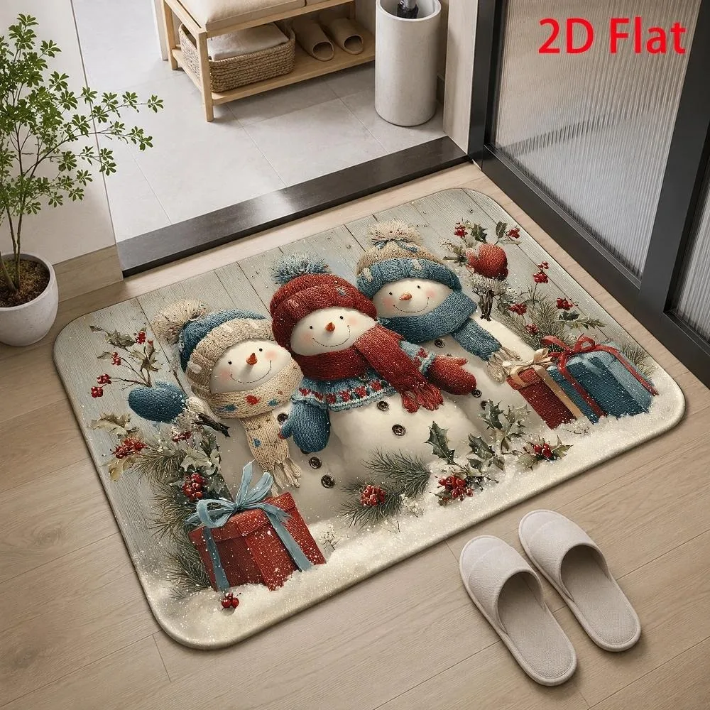 Christmas Snowman Doormat Snowmen Box Holly Berry Wood‑Plank Print Floor Mat Winter Holiday Rug for Indoor Entrance Home Decor