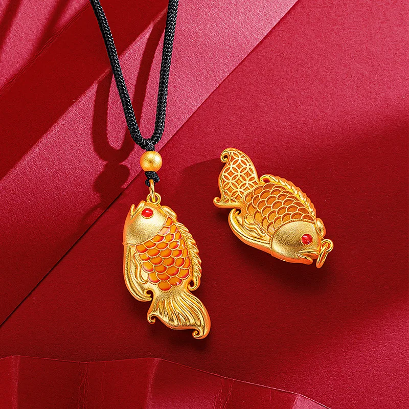 New Chinese style ancient enamel color 9999 24K real gold lucky koi pendant gold wealth surplus goldfish woven necklace