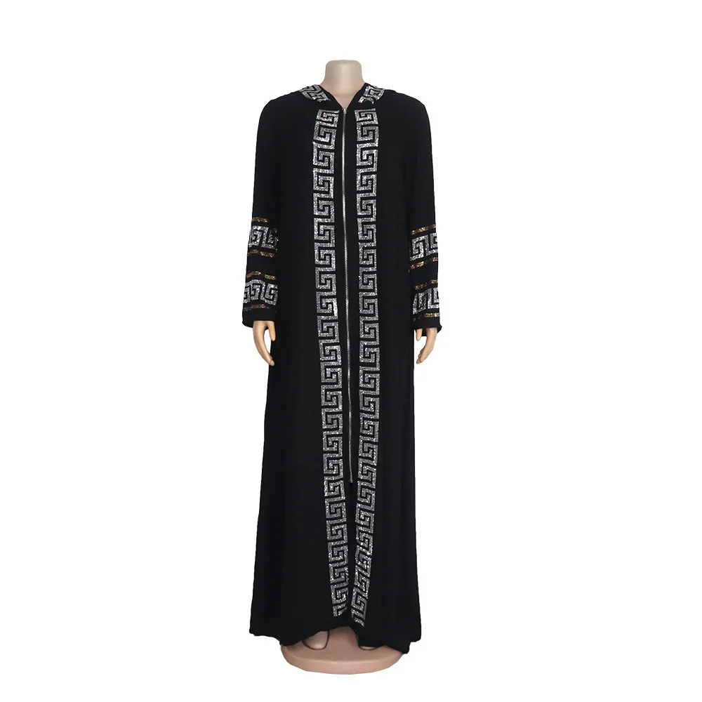 

African ethnic clothing large swing dress, Muslim black robe, fashionable rhinestone dress with hat vestidos de noche juveniles