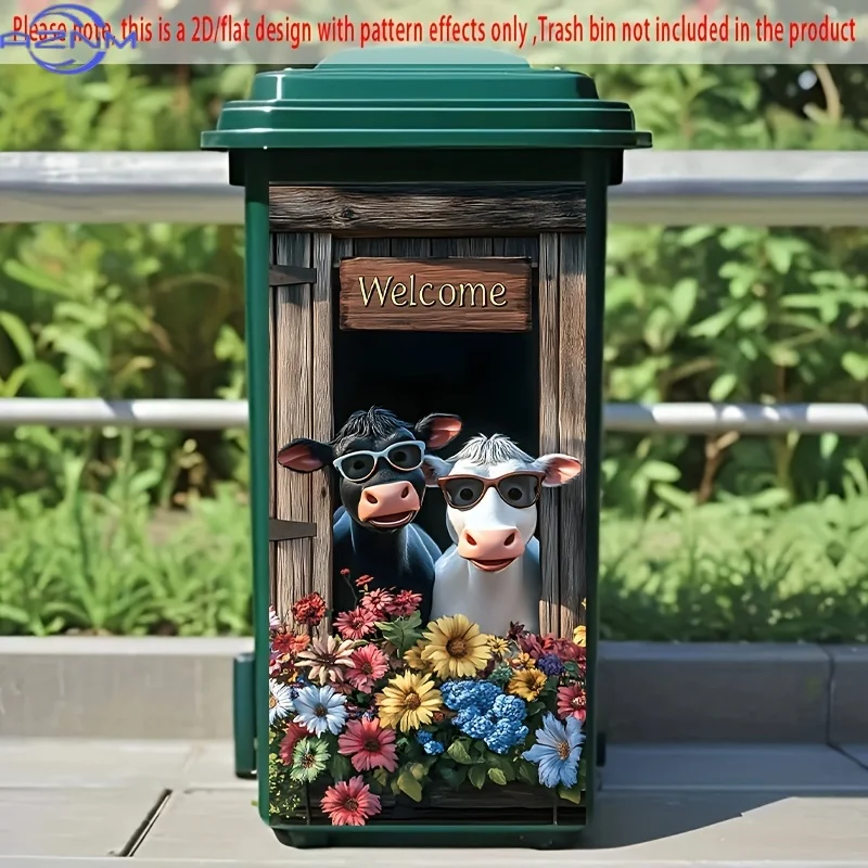 1pc, 2D/FLAT Trash Can Sticker, 30.99 X 70.0cm, Cow Couple Wearing Fashion Glasses with Welcome Sign, Flower Frame Design, Tra
