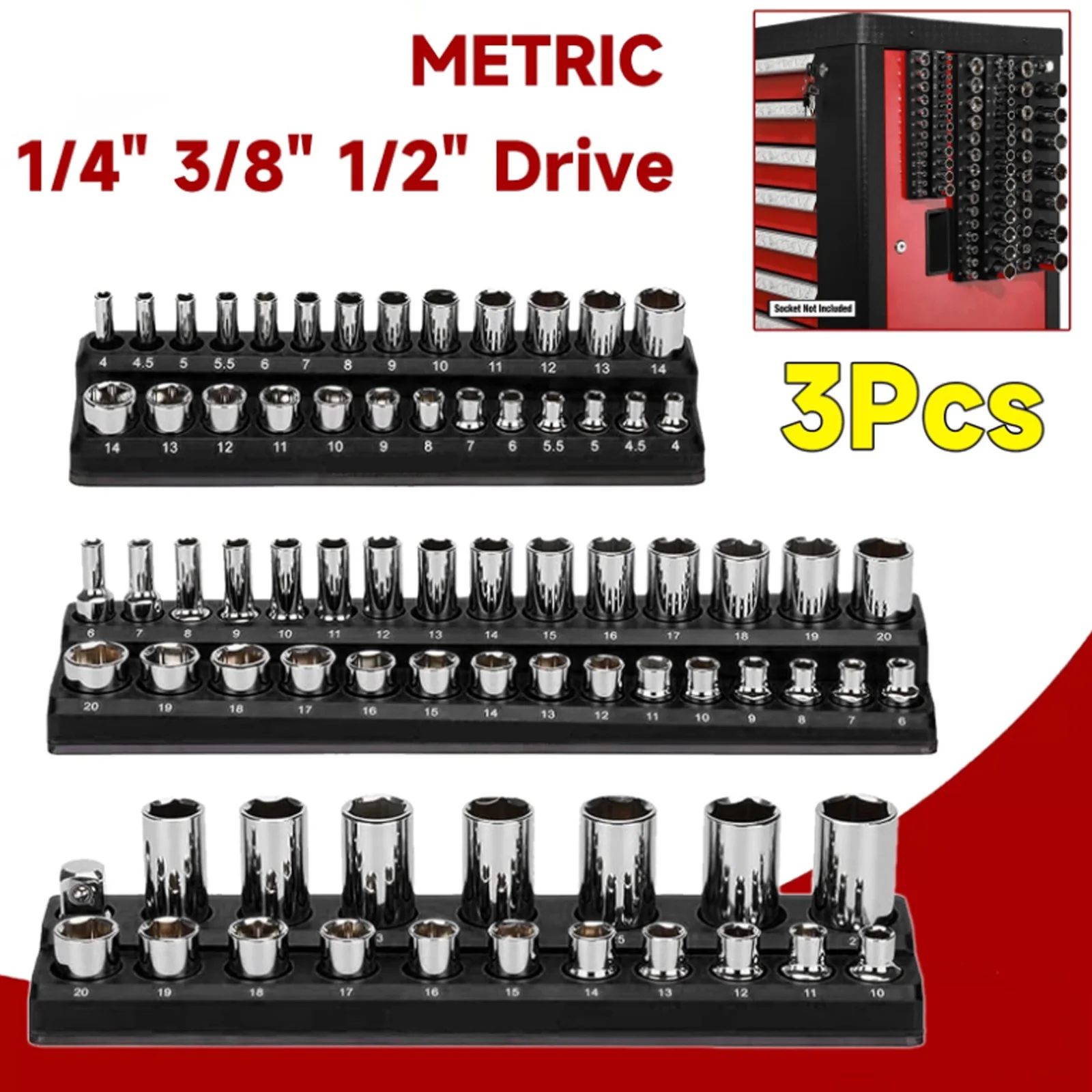 

Magnetic Socket Organizer Set 3-Piece Socket Holder Set Includes 1/4" 3/8" 1/2" Drive Metric Kit