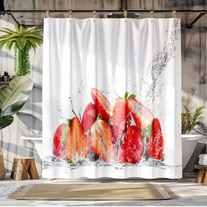1pc Sweet and Sour Strawberry Shower Curtain, White with Bright Red Strawberries and Water Splashes, Multiple Size Options, Incl