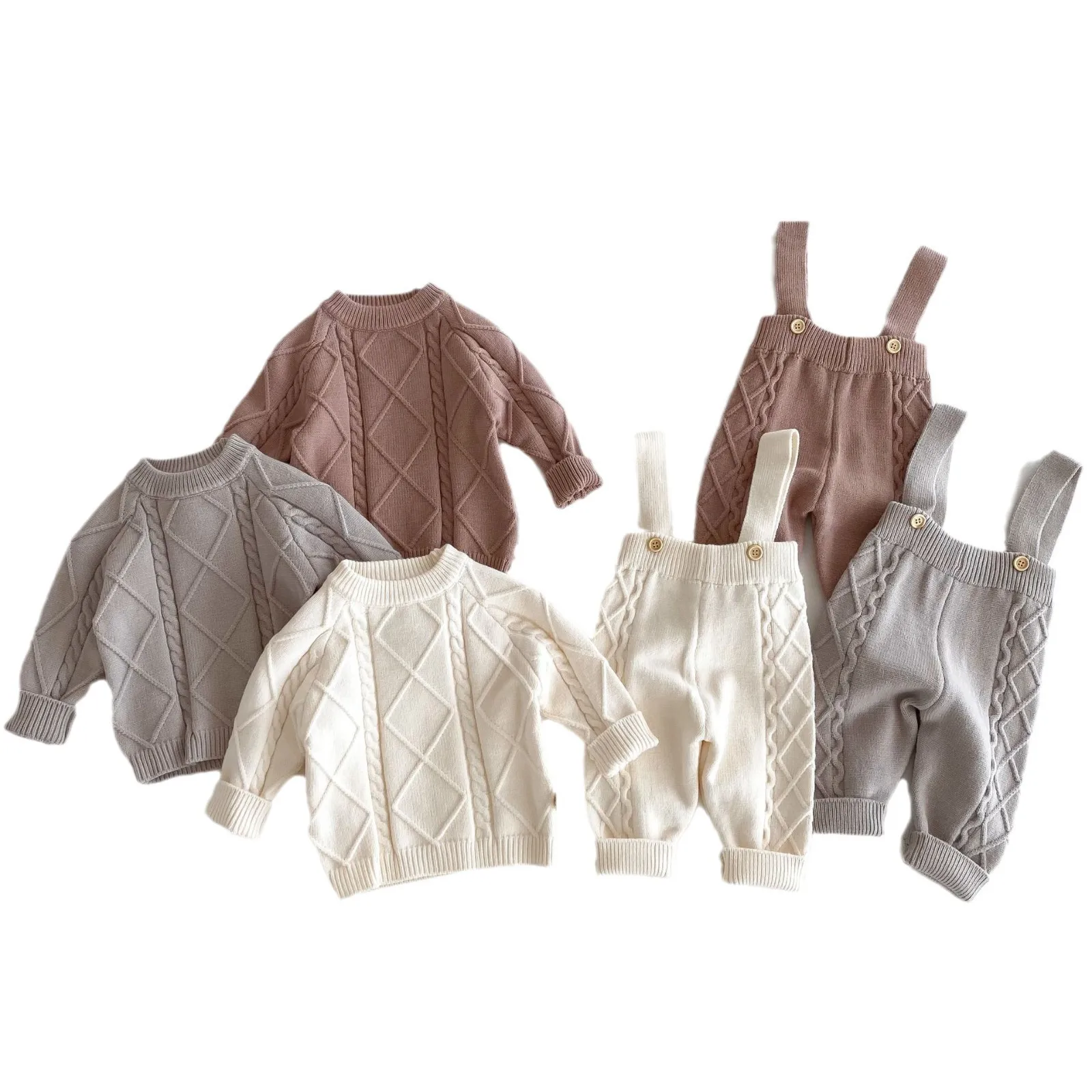 2024 Winter Autumn New in Kids Baby Girls Boys Solid Color Casual Clothing , Children Knitted Top Sweater+overalls 0-5Y