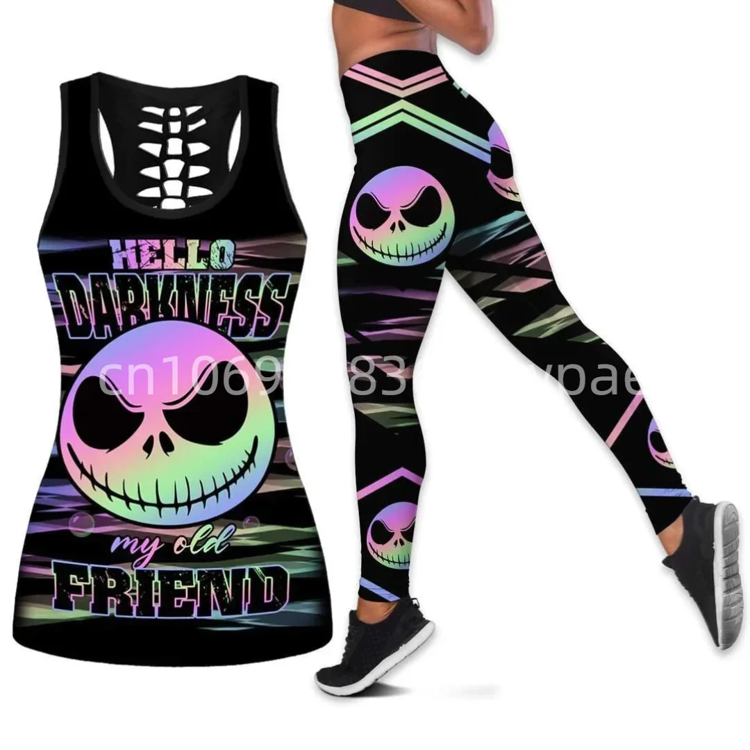 Disney Jack Skellington Women Cutout Tank Top Leggings Yoga Set Summer Fitness Tracksuit Hollow Tank Top Leggings Set