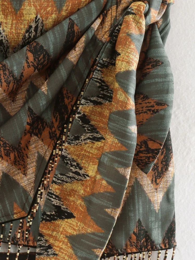 Women Vintage Geometric Print Knotted Mini Sarong Skirt Faldas Mujer Female Beading Tassel Casual Zipper Vestidos