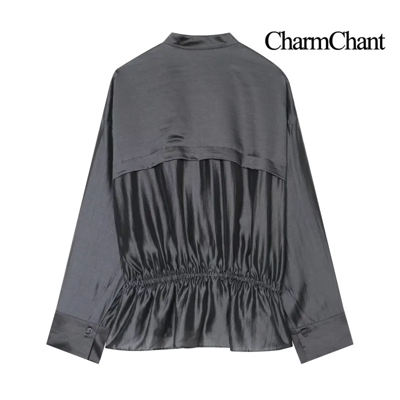 CHARMCHANT Women's Satin Stand Collar Wrap Blouse Long Sleeve Drawstring Tie Waist Peplum Hem Elegant Office Evening Fall 2026