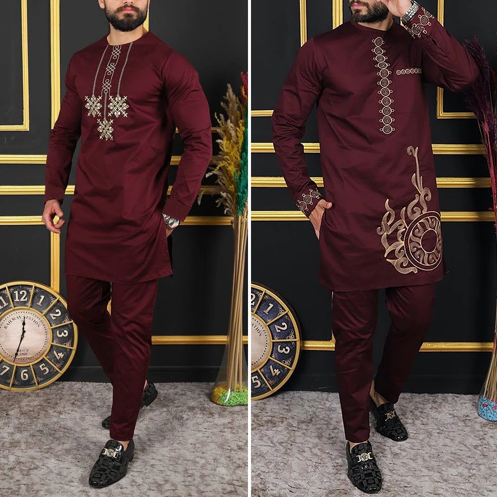 Kaftan Luxury Men Suit Embroied Top Trousers 2 Piece Set Dashiki African Traditional Ethnic Style Clothes For Man Wedding Dress