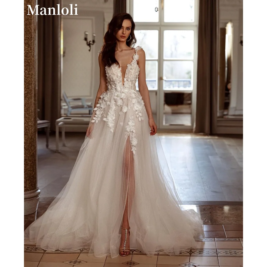 

Elegant V-neck Beach Wedding Dress Side Split 3D Decal Bareback Bridal Dress Sweeping Train Lace Robe Customized