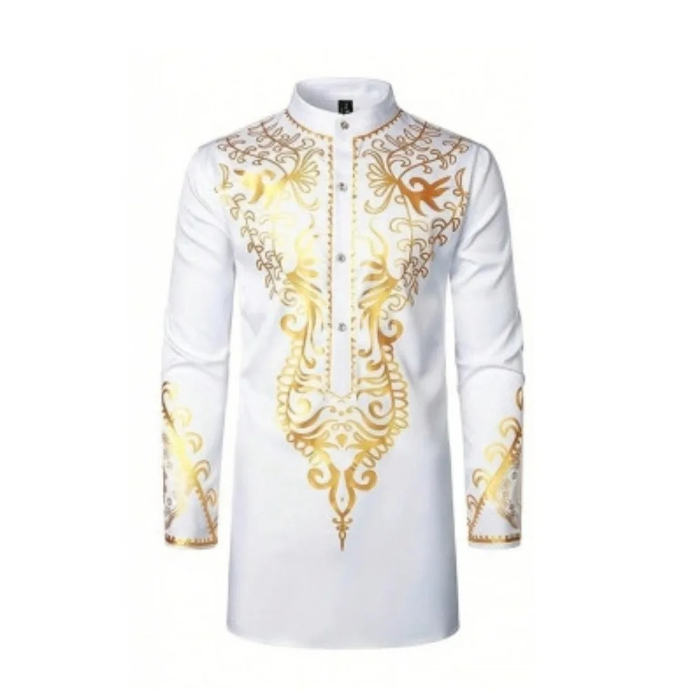 

2025 Hot-selling Hit! African Muslim Men's Shirt, Single Gold-stamping Top for Ethnic-style Men's Clothing Set