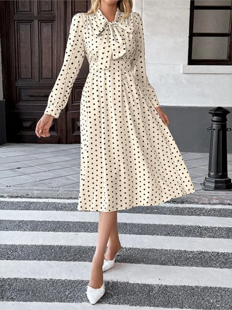 

Elegant Retro Bow Collar Long-sleeved Waist Polka Dot Dress Bowknot Vestidos Evening Dress Temperament Simple Style Trendy Slim