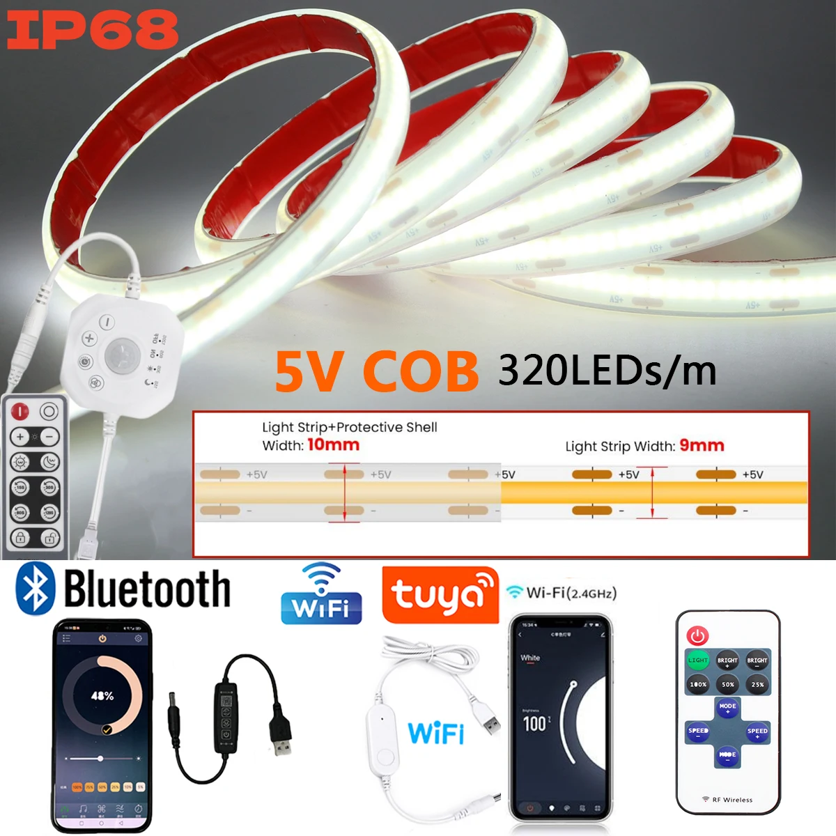 5V COB LED Strip Light Wifi Bluetooth Sensor 11key Remeote USB Kit 320LEDs Warm Natural White IP68 Waterproof Flex Silicone Lamp