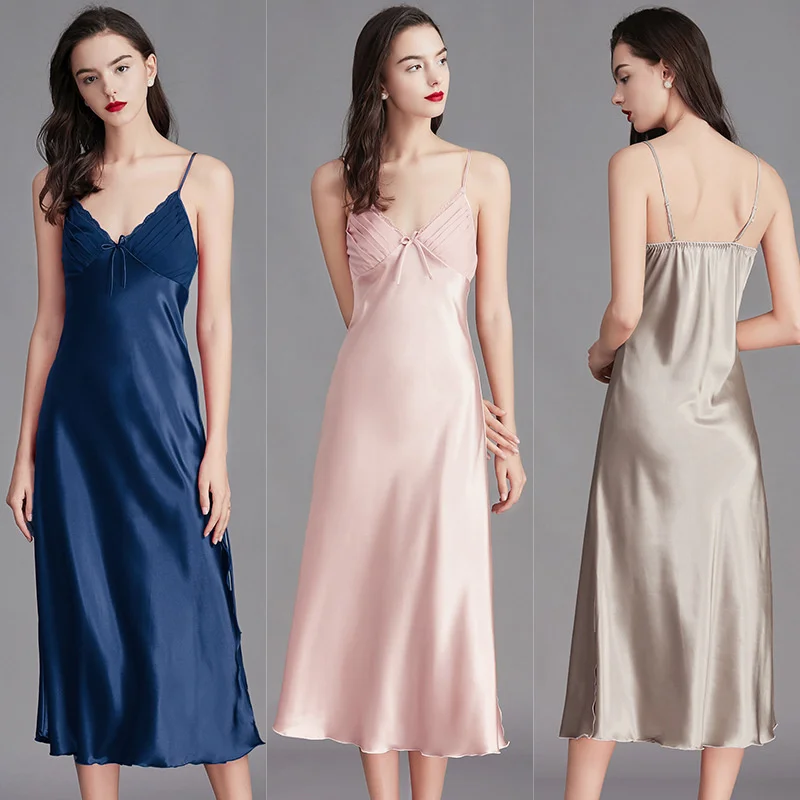 

Summer Nightdress Women V-neck solid color Long Sleeveless Satin Silk Chemise Slip Slim fit Long Dress Nightwear