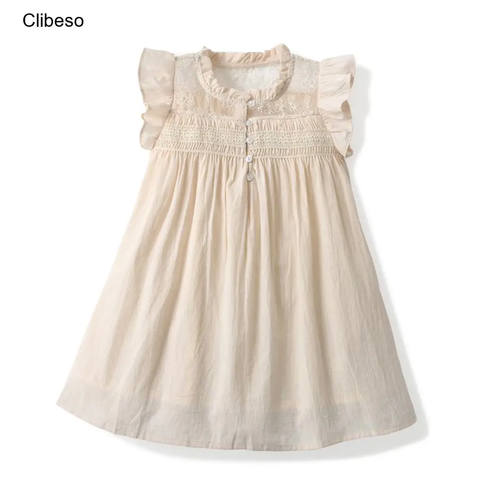 OEM Luxury Brand Summer French Kids Sleeveless Dress Organic Cotton Clothes Ruffled Sleeves Frocks Girls Smocked Dress