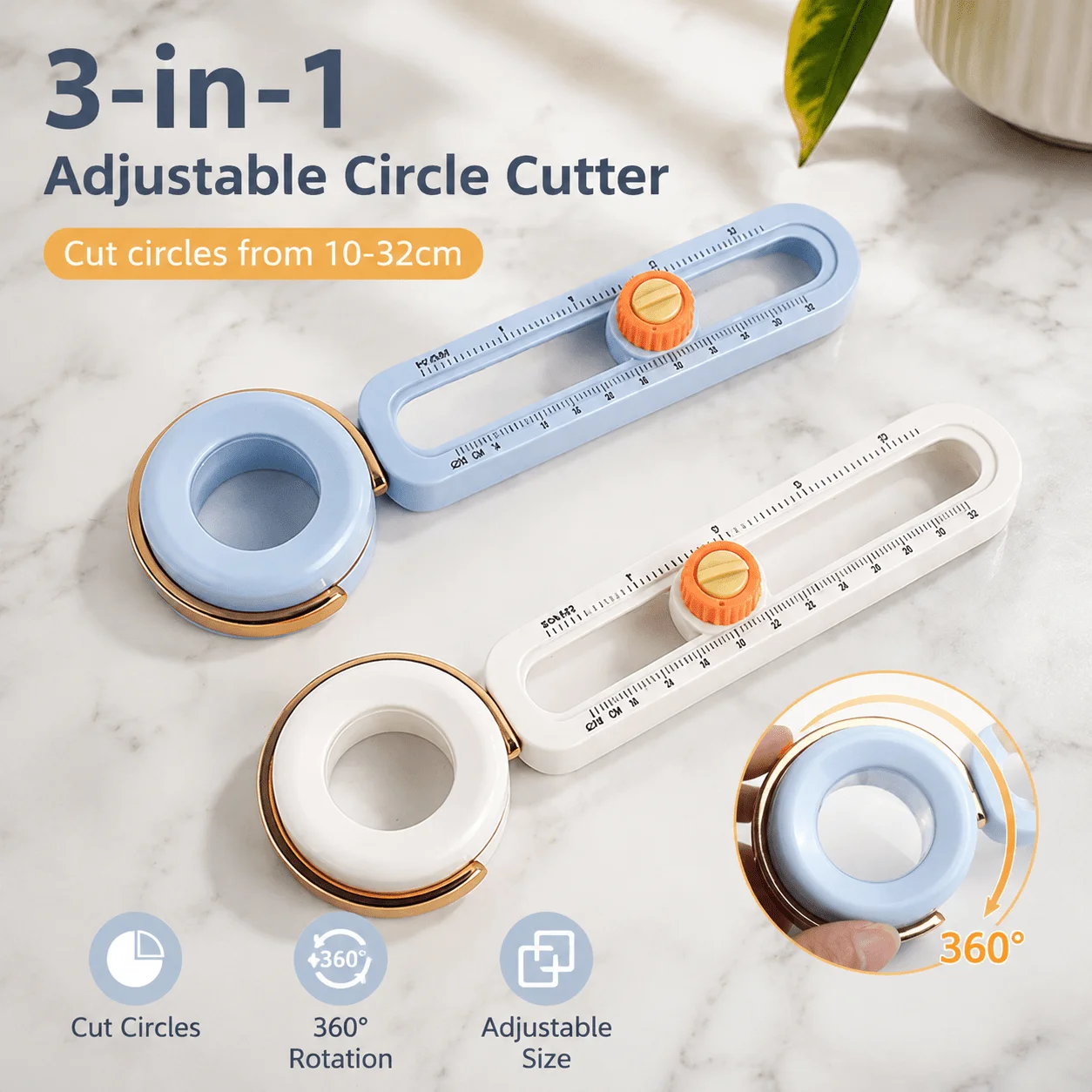 Cortador de Círculos Ajustável 10-32cm de Diâmetro, Ferramenta de Corte de Papel, Régua Retrátil com Escala Dupla, Lente de Aumento, Suprimentos para Artesanato DIY