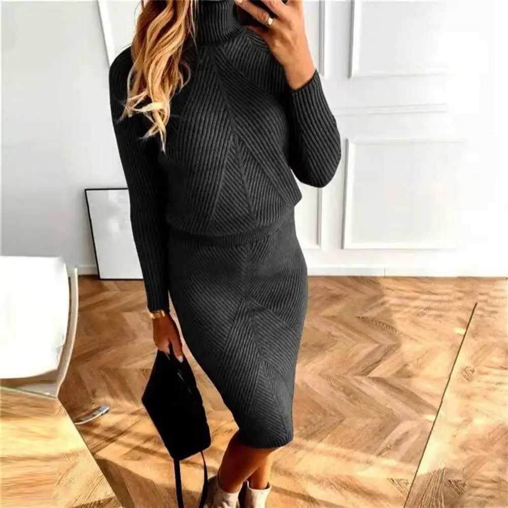 High Collar Sweater Skirt Two Piece Set Solid Color Knitted Sheath Warm Long Sleeves High Waist Elastic Lady Sweater Skirt Suit